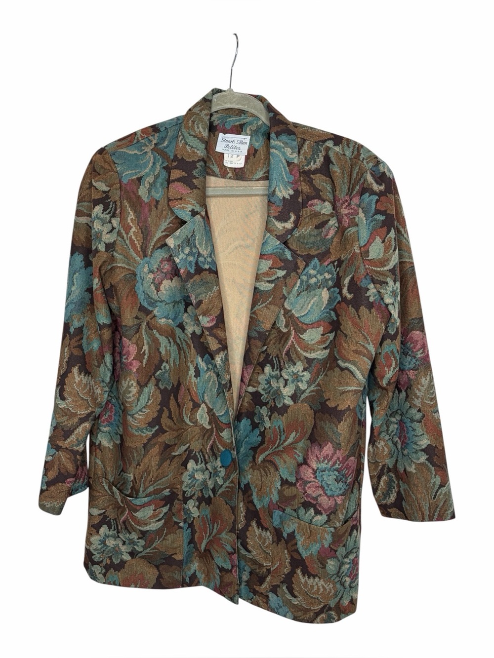 Stuart Alan Petites 90s Vtg Brown Floral Tapestry Blazer Jacket Sz 12P